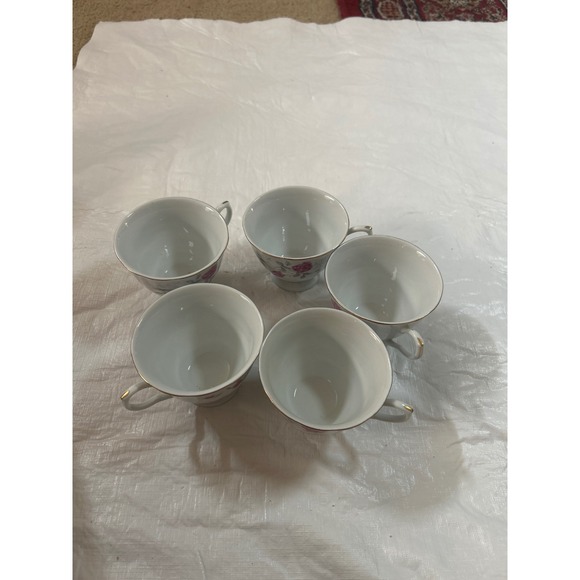 Set of 5 Vintage Rose Teacups with Gold Trim Made in China